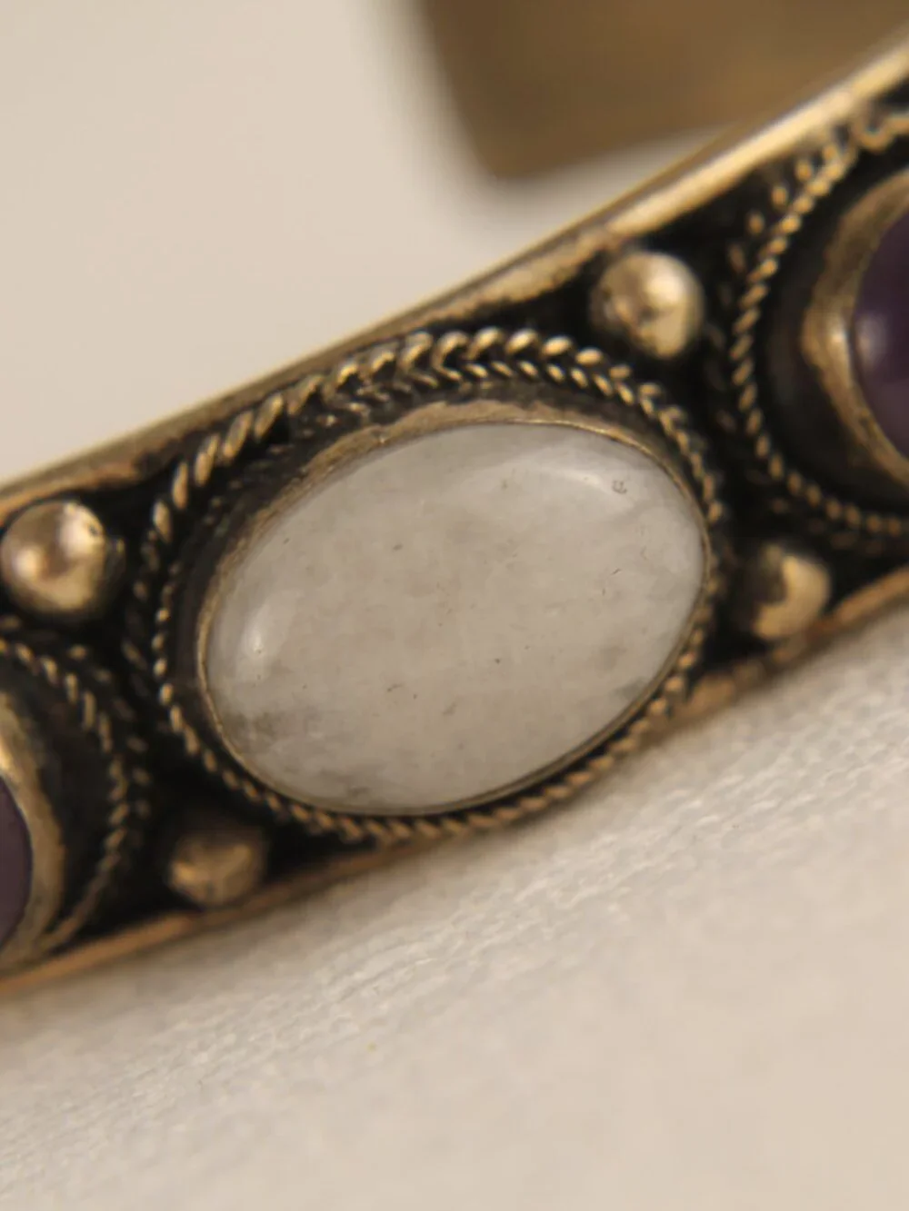 Vintage Silver Moonstone Amethyst Cuff Bracelet Tested Boho Artisan